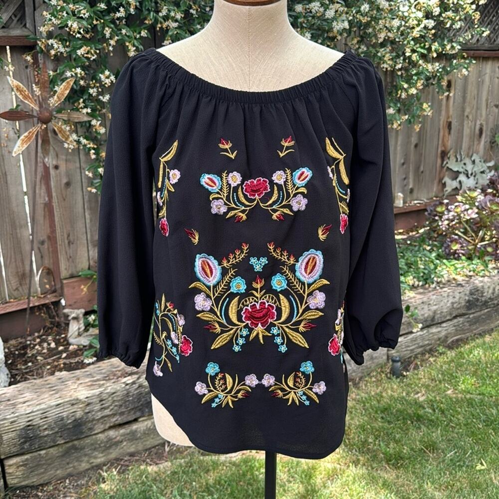 Black Blouse Colorful Embroidery Stitched Flowers Oversized Women's Size Small